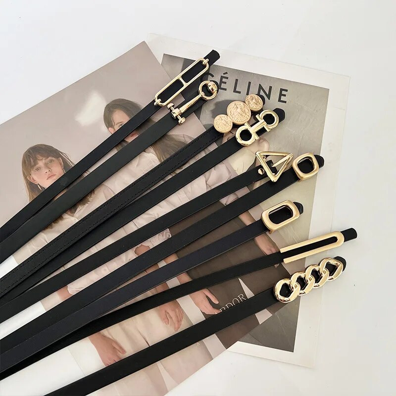 Ženske traperice, modni svestrani smeđi tanki remen oko struka, vintage crna legirana kopča, ukrasni pojas, odjevni dodaci