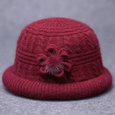 Női vastag vödörsapka virág dekoráció Kötött halász sapka Középkorú Idősek Téli Szélálló Minőségi Elegáns Egyszínű Kalap