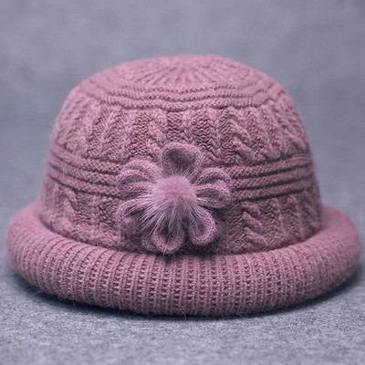 Női vastag vödörsapka virág dekoráció Kötött halász sapka Középkorú Idősek Téli Szélálló Minőségi Elegáns Egyszínű Kalap