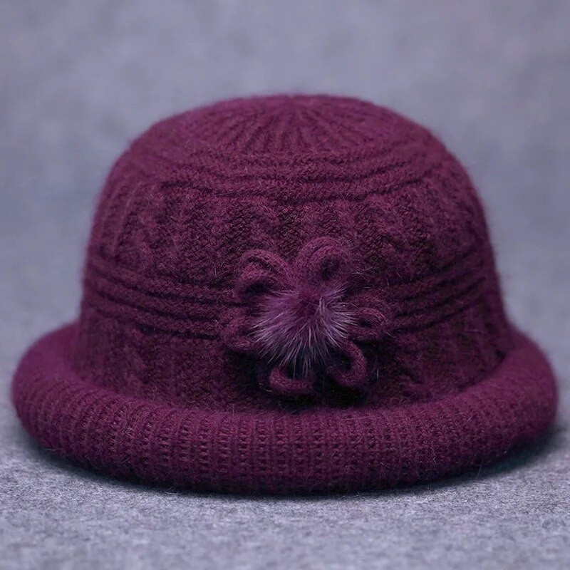 Női vastag vödörsapka virág dekoráció Kötött halász sapka Középkorú Idősek Téli Szélálló Minőségi Elegáns Egyszínű Kalap