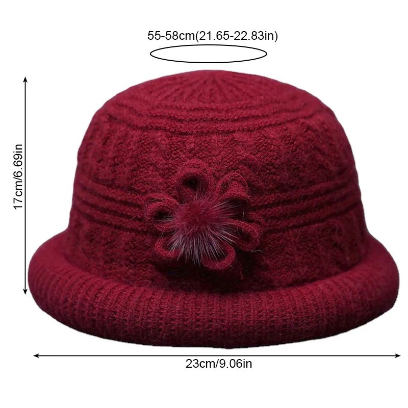 Női vastag vödörsapka virág dekoráció Kötött halász sapka Középkorú Idősek Téli Szélálló Minőségi Elegáns Egyszínű Kalap