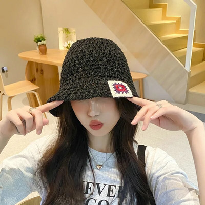 Jauns ziedu izšuvums Papiruss doba saules kausa cepure Sieviešu japāņu vasaras ceļojumi Street Walking Floding Bucket saules cepure