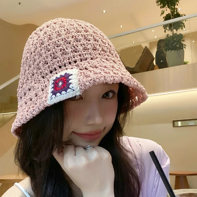 Jauns ziedu izšuvums Papiruss doba saules kausa cepure Sieviešu japāņu vasaras ceļojumi Street Walking Floding Bucket saules cepure