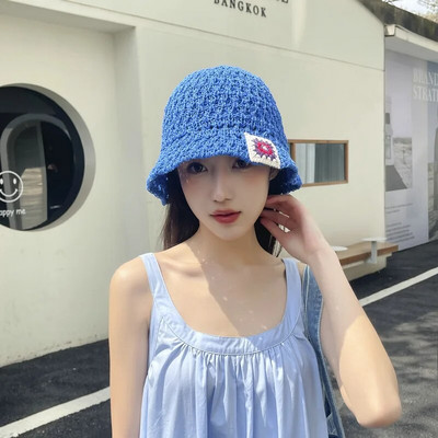 Jauns ziedu izšuvums Papiruss doba saules kausa cepure Sieviešu japāņu vasaras ceļojumi Street Walking Floding Bucket saules cepure