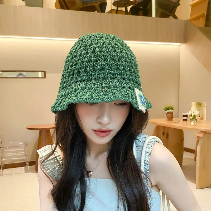 Jauns ziedu izšuvums Papiruss doba saules kausa cepure Sieviešu japāņu vasaras ceļojumi Street Walking Floding Bucket saules cepure