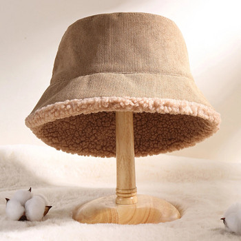 Καπέλο ψαριού ζεστό φλις για γυναίκες, παχύ καπάκι λεκάνης αναστρέψιμο χειμερινό φθινόπωρο Vintage καπέλα με κάδο