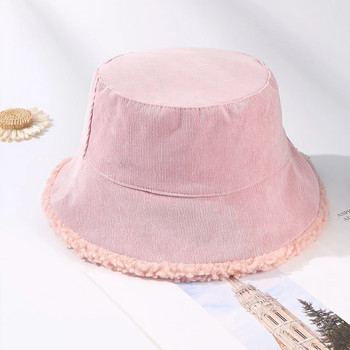 Καπέλο ψαριού ζεστό φλις για γυναίκες, παχύ καπάκι λεκάνης αναστρέψιμο χειμερινό φθινόπωρο Vintage καπέλα με κάδο