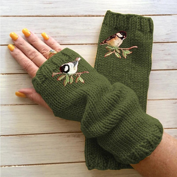 2023 Нови ръкавици с дупка за палеца за жени Топли ръкавици с бродирани птици Плетени ръкавици с бродирани птици Дълги топли ръкавици без пръсти