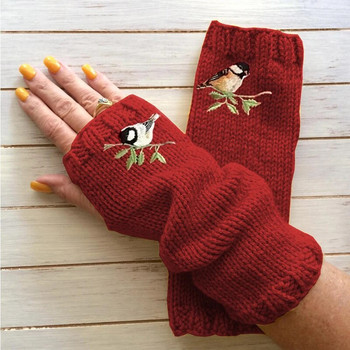 2023 Нови ръкавици с дупка за палеца за жени Топли ръкавици с бродирани птици Плетени ръкавици с бродирани птици Дълги топли ръкавици без пръсти