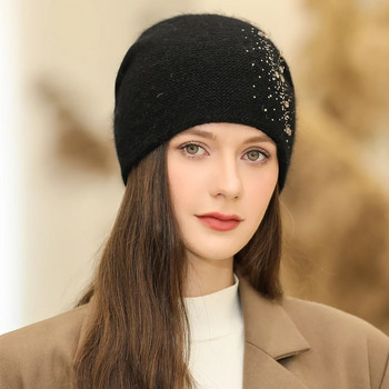 Νέο γυναικείο χειμωνιάτικο καπέλο μόδας διακόσμησης καπέλο Beanie μείγμα από γούνα κουνελιού Ζεστό χειμερινό καπέλο για γυναικείο πλεκτό καπέλο casual streetwear