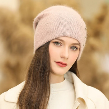 Νέο γυναικείο χειμωνιάτικο καπέλο μόδας διακόσμησης καπέλο Beanie μείγμα από γούνα κουνελιού Ζεστό χειμερινό καπέλο για γυναικείο πλεκτό καπέλο casual streetwear