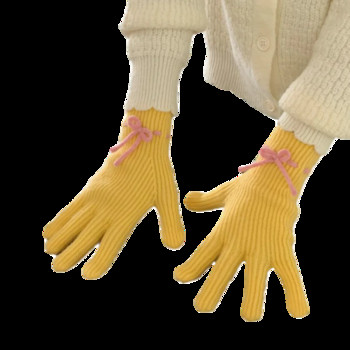 Зимни сладки ръкавици с лък Дамски корейски плетени топли едноцветни студентски ръкавици със сензорен екран за жени