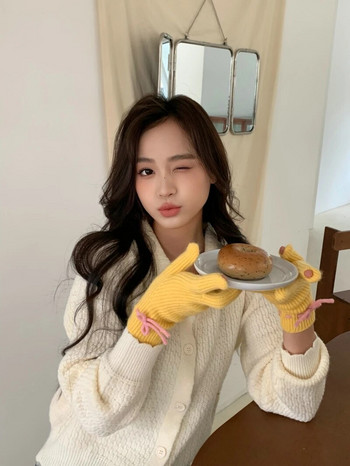Χειμερινά χαριτωμένα γάντια φιόγκου Γυναικεία Κορεάτικα πλεκτά ζεστά μονόχρωμα φοιτητικά γάντια με οθόνη αφής για γυναίκες