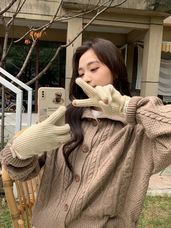 Зимни сладки ръкавици с лък Дамски корейски плетени топли едноцветни студентски ръкавици със сензорен екран за жени