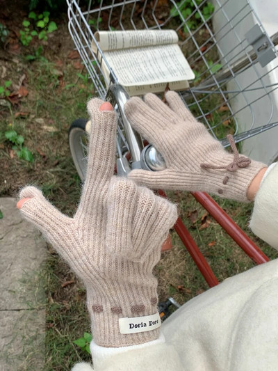 Zimske slatke rukavice s mašnom Ženske korejske pletene tople jednobojne studentske rukavice s dodirnim zaslonom za žene