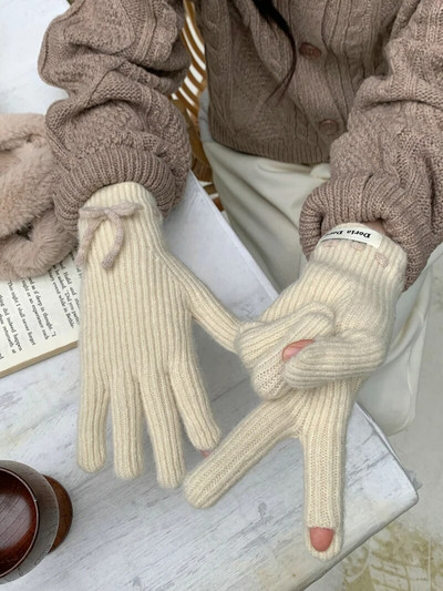 Zimske slatke rukavice s mašnom Ženske korejske pletene tople jednobojne studentske rukavice s dodirnim zaslonom za žene