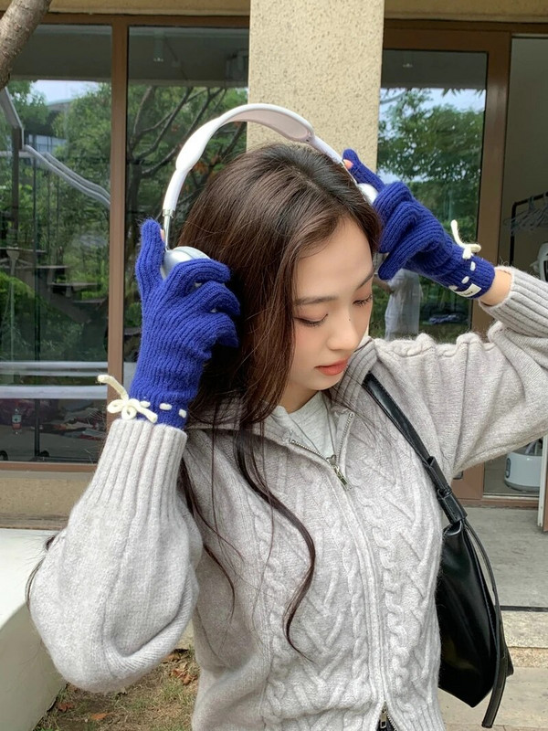 Zimske slatke rukavice s mašnom Ženske korejske pletene tople jednobojne studentske rukavice s dodirnim zaslonom za žene