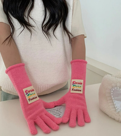 Spalvotos raidžių ženklo žieminės pirštinės Moteriškos korėjietiškos megztos šiltos vienspalvės studentiškos pirštinės su jutikliniu ekranu moterims