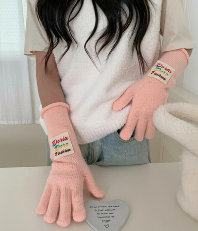 Spalvotos raidžių ženklo žieminės pirštinės Moteriškos korėjietiškos megztos šiltos vienspalvės studentiškos pirštinės su jutikliniu ekranu moterims