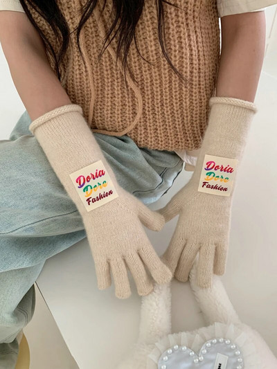 Spalvotos raidžių ženklo žieminės pirštinės Moteriškos korėjietiškos megztos šiltos vienspalvės studentiškos pirštinės su jutikliniu ekranu moterims