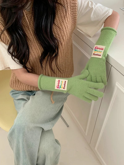 Spalvotos raidžių ženklo žieminės pirštinės Moteriškos korėjietiškos megztos šiltos vienspalvės studentiškos pirštinės su jutikliniu ekranu moterims