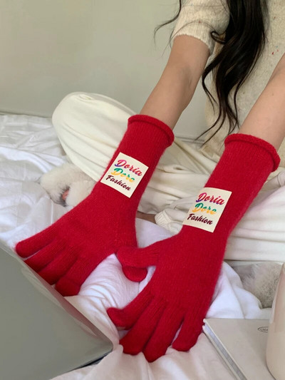 Spalvotos raidžių ženklo žieminės pirštinės Moteriškos korėjietiškos megztos šiltos vienspalvės studentiškos pirštinės su jutikliniu ekranu moterims