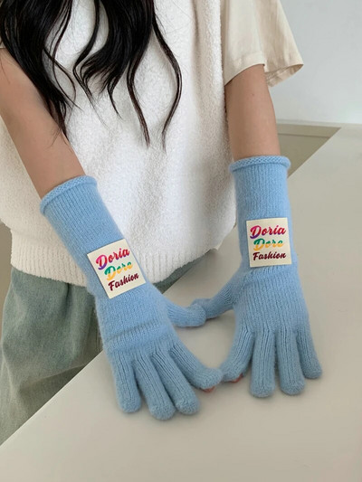 Spalvotos raidžių ženklo žieminės pirštinės Moteriškos korėjietiškos megztos šiltos vienspalvės studentiškos pirštinės su jutikliniu ekranu moterims