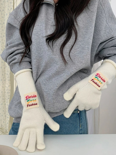 Spalvotos raidžių ženklo žieminės pirštinės Moteriškos korėjietiškos megztos šiltos vienspalvės studentiškos pirštinės su jutikliniu ekranu moterims