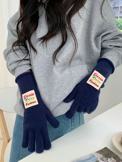 Spalvotos raidžių ženklo žieminės pirštinės Moteriškos korėjietiškos megztos šiltos vienspalvės studentiškos pirštinės su jutikliniu ekranu moterims