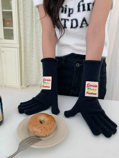 Spalvotos raidžių ženklo žieminės pirštinės Moteriškos korėjietiškos megztos šiltos vienspalvės studentiškos pirštinės su jutikliniu ekranu moterims