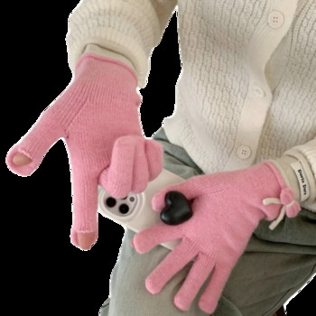 Зимни червени топли плетени ръкавици Ръкавици с цели пръсти Ски със сензорен екран Сладки ръкавици с лък Работни ръкавици за жени