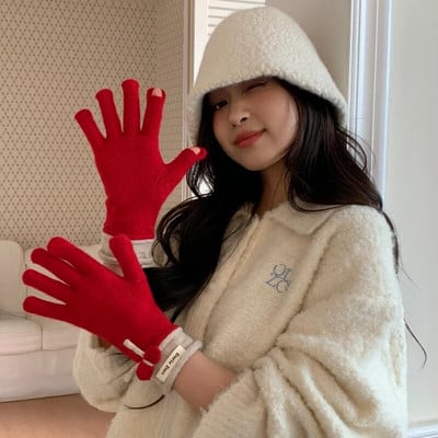 Зимни червени топли плетени ръкавици Ръкавици с цели пръсти Ски със сензорен екран Сладки ръкавици с лък Работни ръкавици за жени