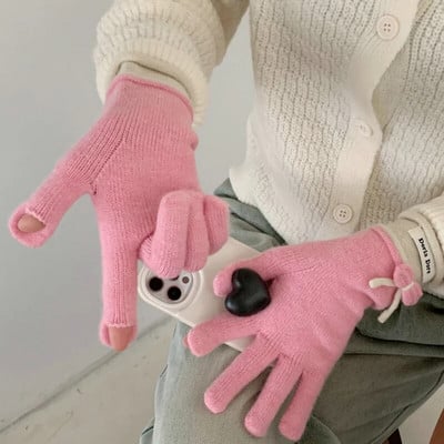 Zimske crvene tople pletene rukavice Rukavice s punim prstima Zaslon osjetljiv na dodir Skijanje Slatka mašna Rukavice Radne rukavice za žene