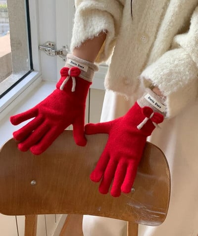 Zimske crvene tople pletene rukavice Rukavice s punim prstima Zaslon osjetljiv na dodir Skijanje Slatka mašna Rukavice Radne rukavice za žene