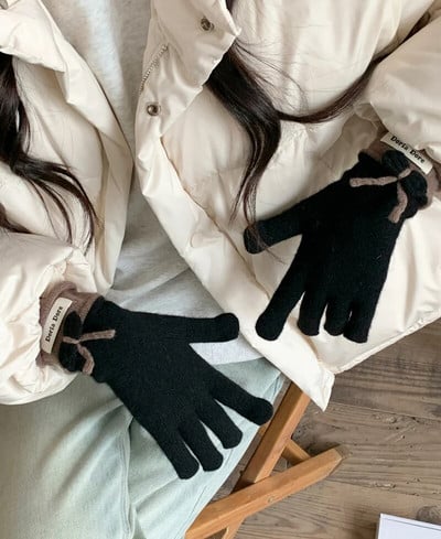 Zimske crvene tople pletene rukavice Rukavice s punim prstima Zaslon osjetljiv na dodir Skijanje Slatka mašna Rukavice Radne rukavice za žene