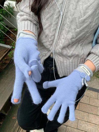 Zimske crvene tople pletene rukavice Rukavice s punim prstima Zaslon osjetljiv na dodir Skijanje Slatka mašna Rukavice Radne rukavice za žene