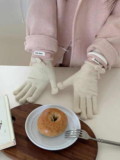 Zimske crvene tople pletene rukavice Rukavice s punim prstima Zaslon osjetljiv na dodir Skijanje Slatka mašna Rukavice Radne rukavice za žene