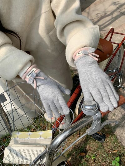 Zimske crvene tople pletene rukavice Rukavice s punim prstima Zaslon osjetljiv na dodir Skijanje Slatka mašna Rukavice Radne rukavice za žene