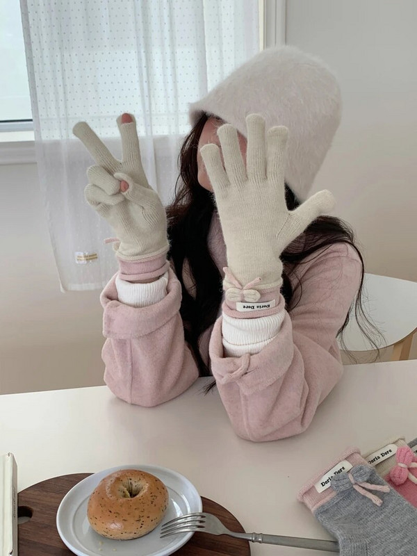 Zimske crvene tople pletene rukavice Rukavice s punim prstima Zaslon osjetljiv na dodir Skijanje Slatka mašna Rukavice Radne rukavice za žene