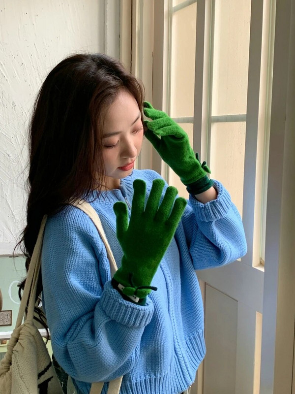 Zimske crvene tople pletene rukavice Rukavice s punim prstima Zaslon osjetljiv na dodir Skijanje Slatka mašna Rukavice Radne rukavice za žene