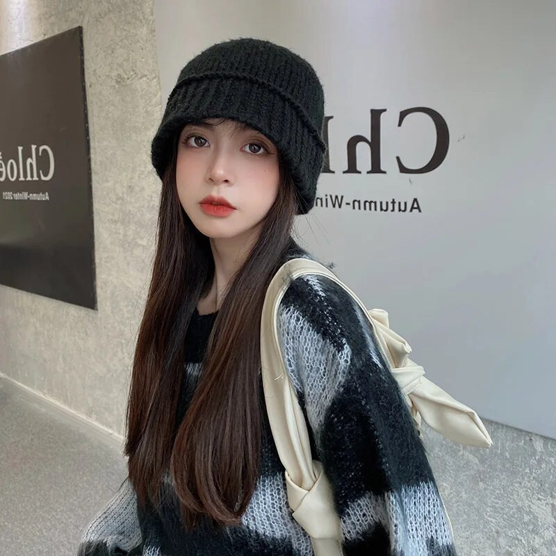Korejska vunena pletena kapa, mekana topla kapa, Y2k ribarska kapa, ženska zimska heklana pletena jesenska vunena kapa s lubanjom