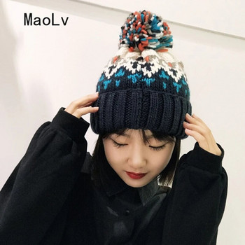 Γυναικεία φασόλια μικτού χρώματος Χειμώνας ζεστό χαριτωμένο μάλλινη μπάλα Μάλλινο καπάκι προστασίας αυτιών Κορεατική μόδα Κρύο καπέλο Γυναικείο πλεκτό καπέλο