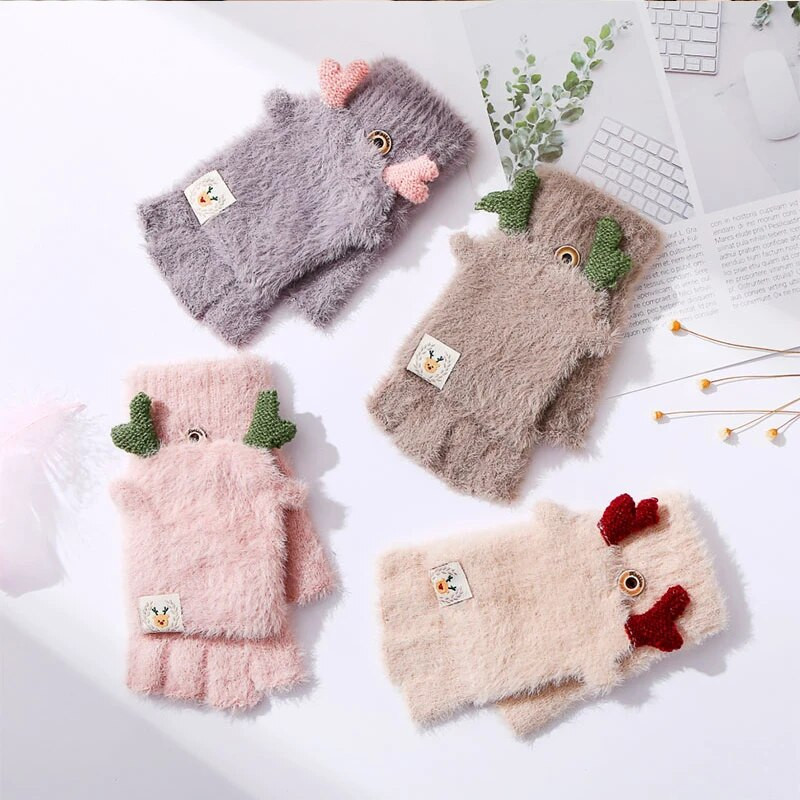 Zimske ženske mekane pletene rukavice od zečjeg krzna, tople rukavice na preklop, poluprst, debele plišane slatke uredske rukavice za vožnju s ekranom osjetljivim na dodir