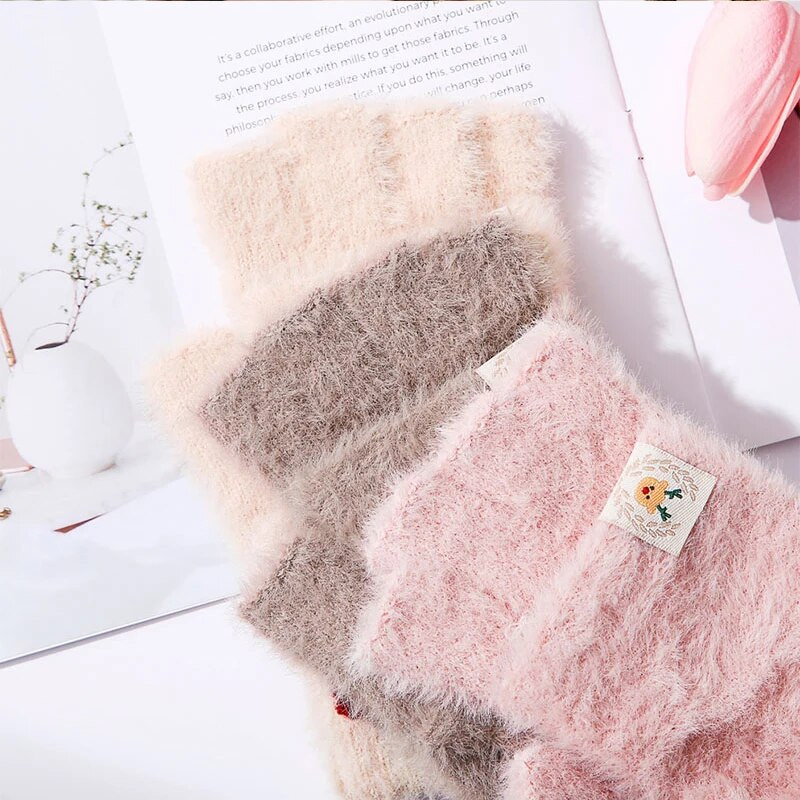 Zimske ženske mekane pletene rukavice od zečjeg krzna, tople rukavice na preklop, poluprst, debele plišane slatke uredske rukavice za vožnju s ekranom osjetljivim na dodir