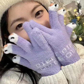 Сладки ръкавици с котешка лапа Дамски зимни топли пухени норкови ръкавици със сензорен екран без пръсти Еластични плетени плюшени ръкавици с пръсти