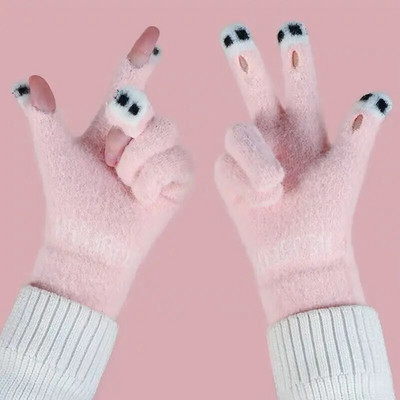 Slatke rukavice s mačjim šapama Ženske zimske tople paperjaste rukavice s dodirnim zaslonom od nerca bez prstiju Elastične pletene plišane rukavice na preklop