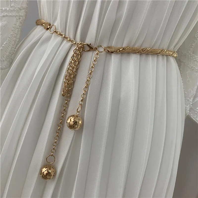 Zlatni metalni tanki ženski remen Elegantni sjajni remeni s dugim lancem oko struka s resicama za žene Modna haljina Suknja Pojasevi za tijelo