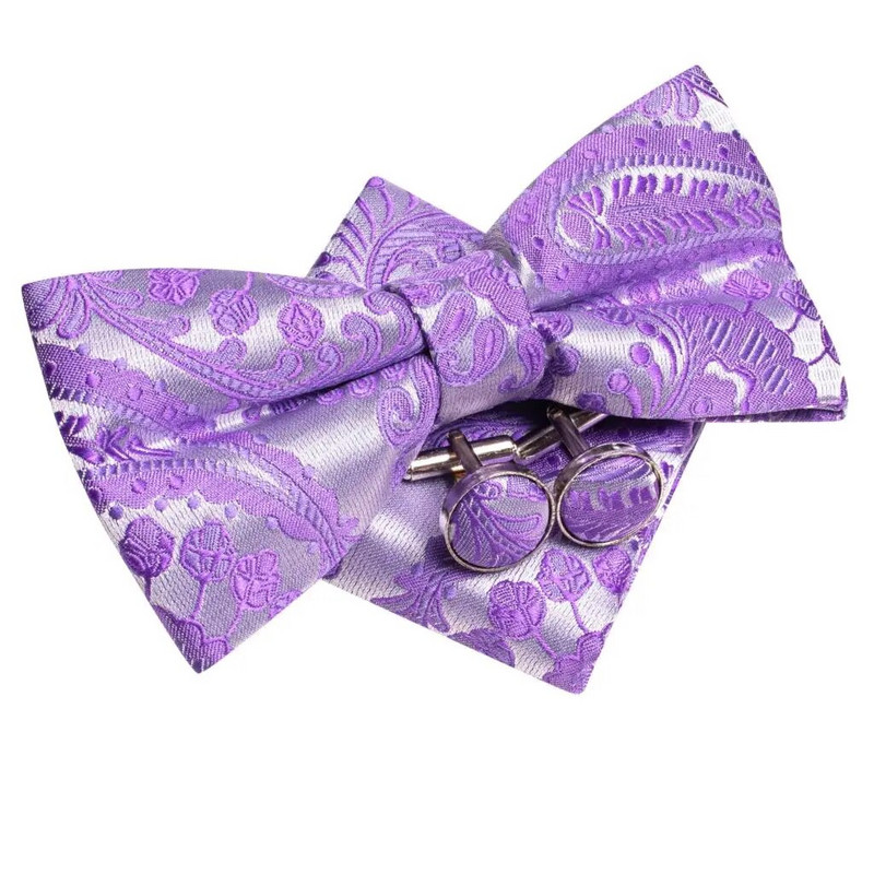 Lila, lila, levendula árvácska, lila selyem férfi csokornyakkendő csokornyakkendős mandzsettakészlet, előre megkötött pillangócsomós csokornyakkendő férfi esküvőre