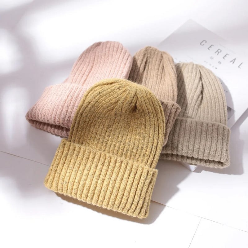 Pălărie Beanie de culoare bomboană pentru femei Pălărie de iarnă tricotată imitație de cașmir Skullies Capotă caldă moale Pălării de femeie pentru fete Gorros