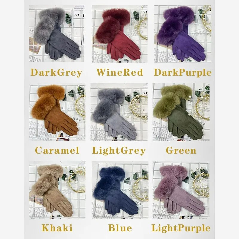 Ziemas eleganti sieviešu cimdi kažokādas apkakle un samta dāmu pirkstu cimdi skārienekrāna vienkrāsaini dūraiņi